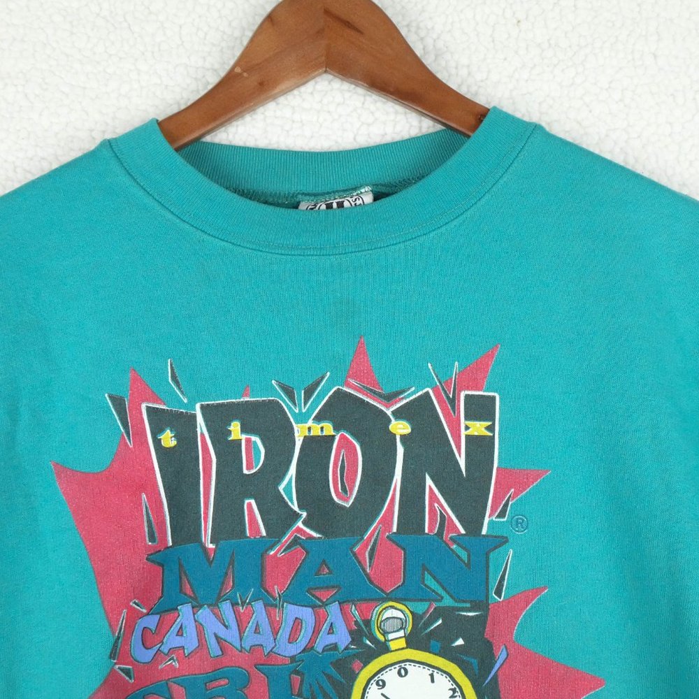Vintage Ironman Sweater Womens Medium Green Oversized Crew Fleece 90s - Picture 3 of 10